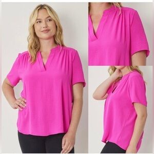 Marc New York hot pink color XL Woven V Neck Top Short Sleeve Span Shirts Blouse
